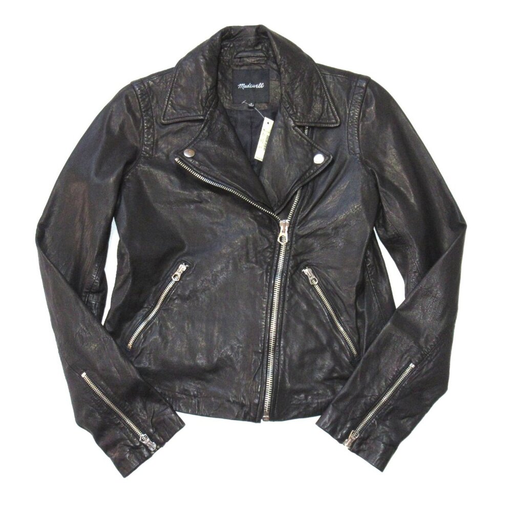 NWT Madewell The Washed Leather Motorcycle Jacket in True Black M $498